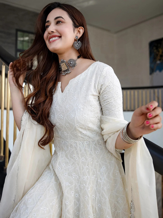 Royal Export Ethnic Motifs Embroidered Cotton Fit & Flare Maxi Ethnic Dress With Dupatta