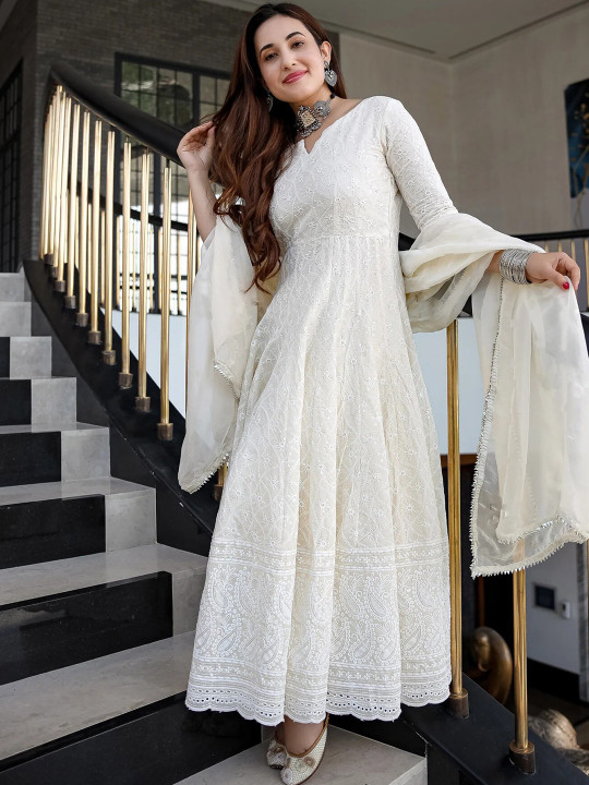 Royal Export Ethnic Motifs Embroidered Cotton Fit & Flare Maxi Ethnic Dress With Dupatta
